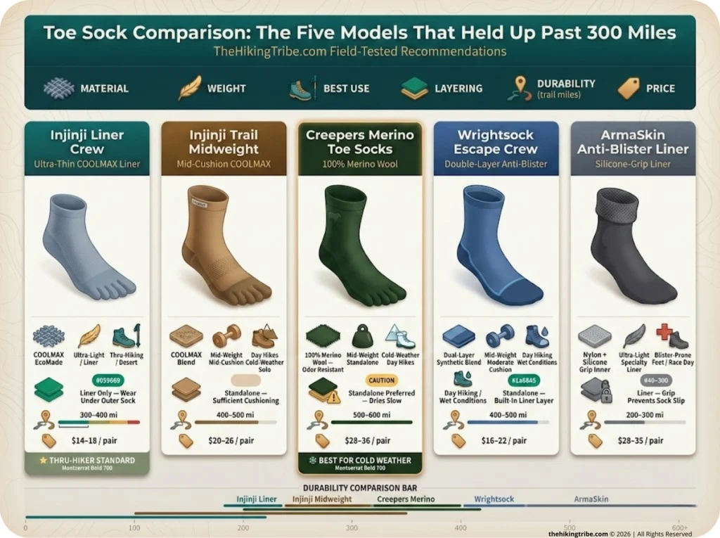 Infographic comparing five toe sock models with material, weight, durability, layering compatibility, and price range icons