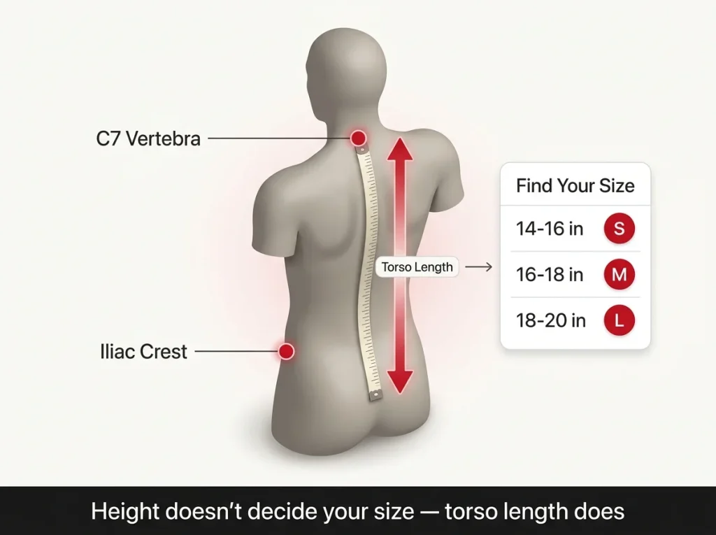 Infographic showing how to measure backpack torso length from C7 vertebra to iliac crest with size mapping chart