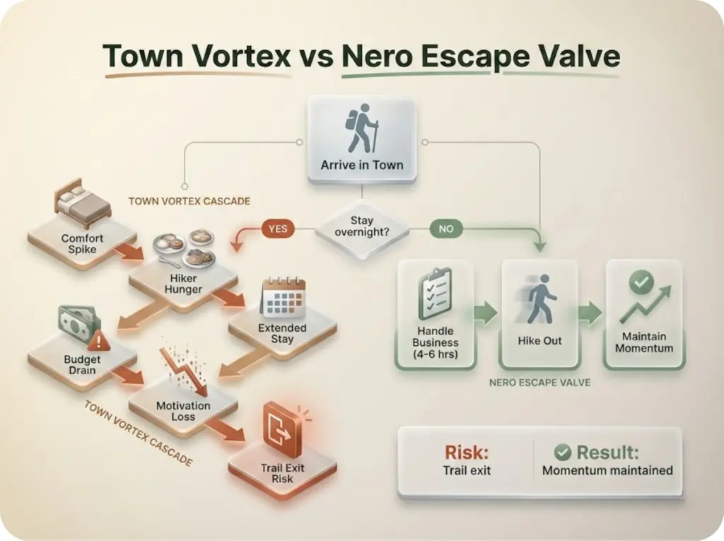 Flowchart comparing the town vortex cascade leading to trail exit risk versus the nero escape valve that maintains momentum.