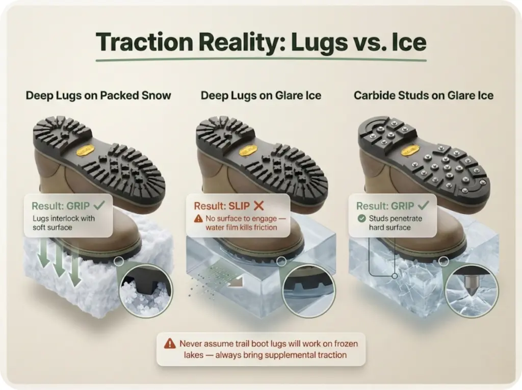 Three-panel close-up comparison showing rubber lug performance on packed snow versus glare ice versus carbide studs on ice with magnified surface texture detail.