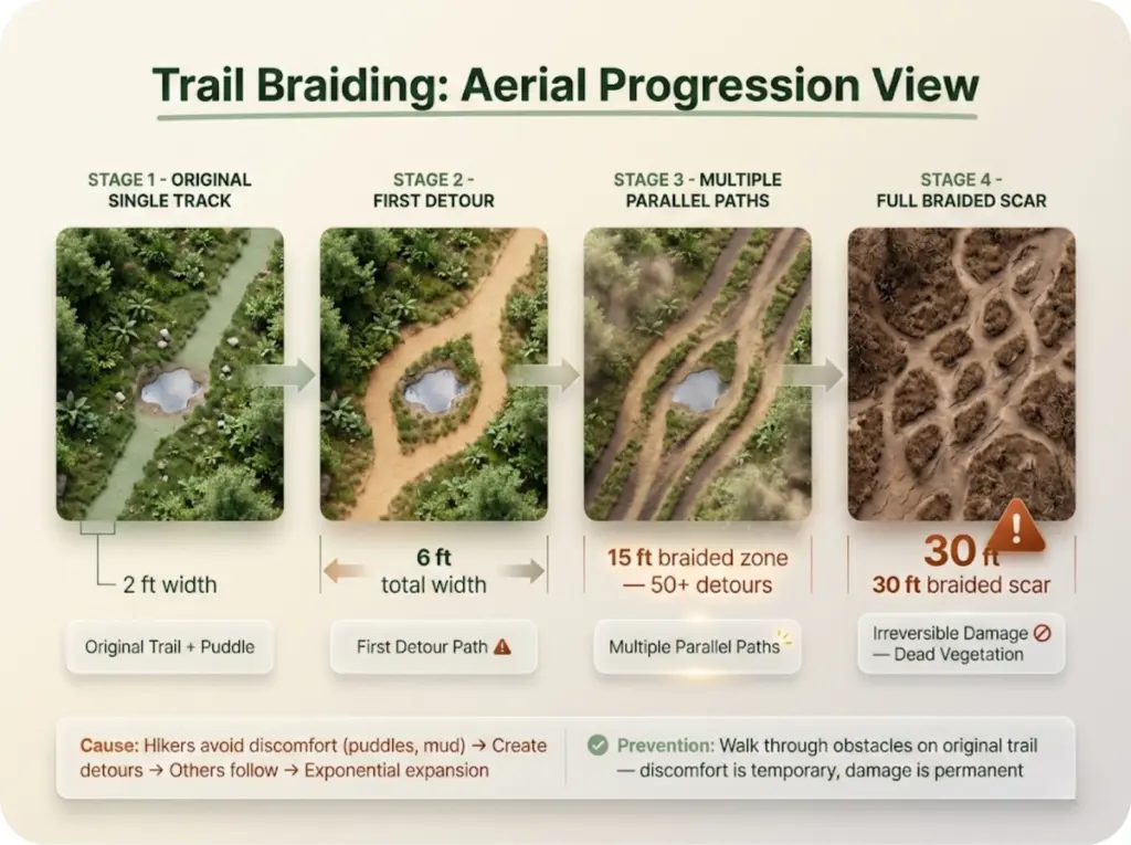 Aerial top-down view showing trail braiding progression from original single track to 30-foot braided scar with measurement annotations at each stage.