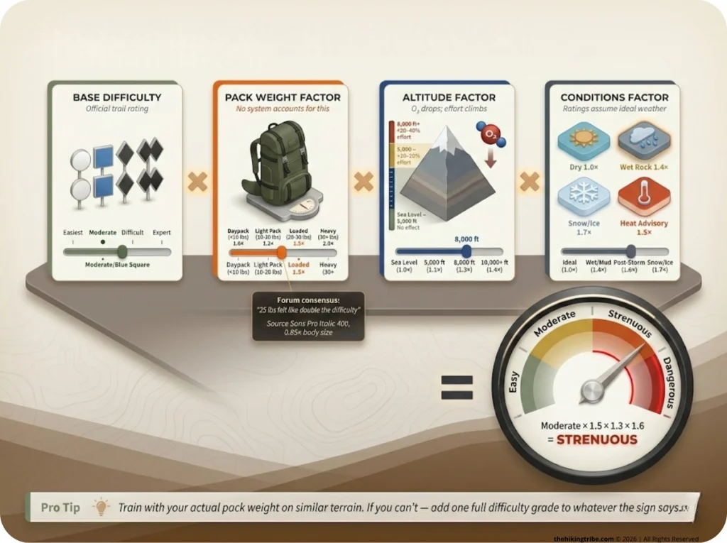 Infographic showing real trail difficulty formula: Base Difficulty × Pack Weight × Altitude × Conditions factors with slider-style visual indicators