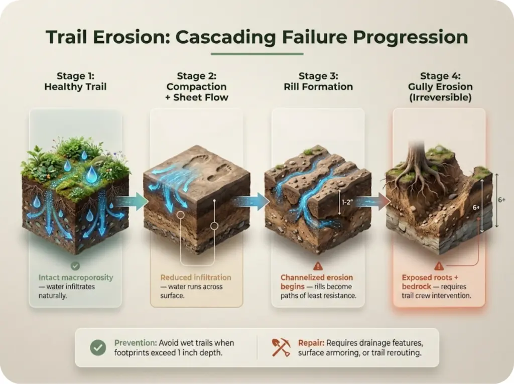 Four-stage trail erosion progression showing cross-section soil views from healthy trail to compacted surface to rill formation to full gully erosion with exposed roots.