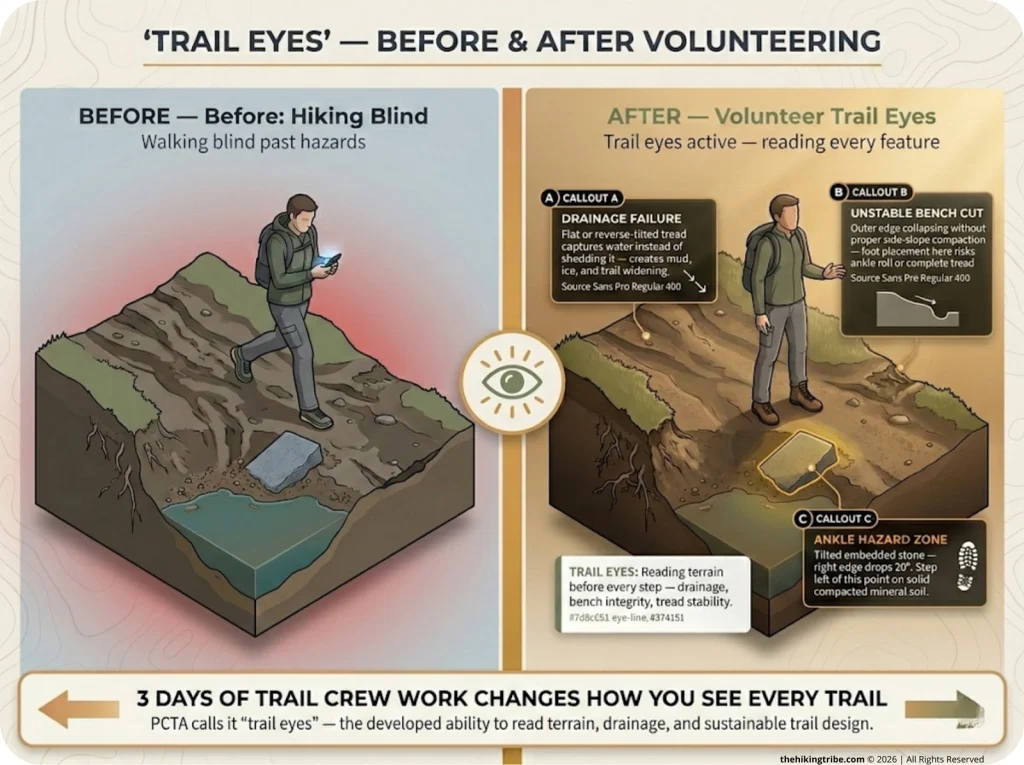 Infographic showing before/after split of hiker noticing trail erosion, drainage failure, and terrain hazards after volunteering