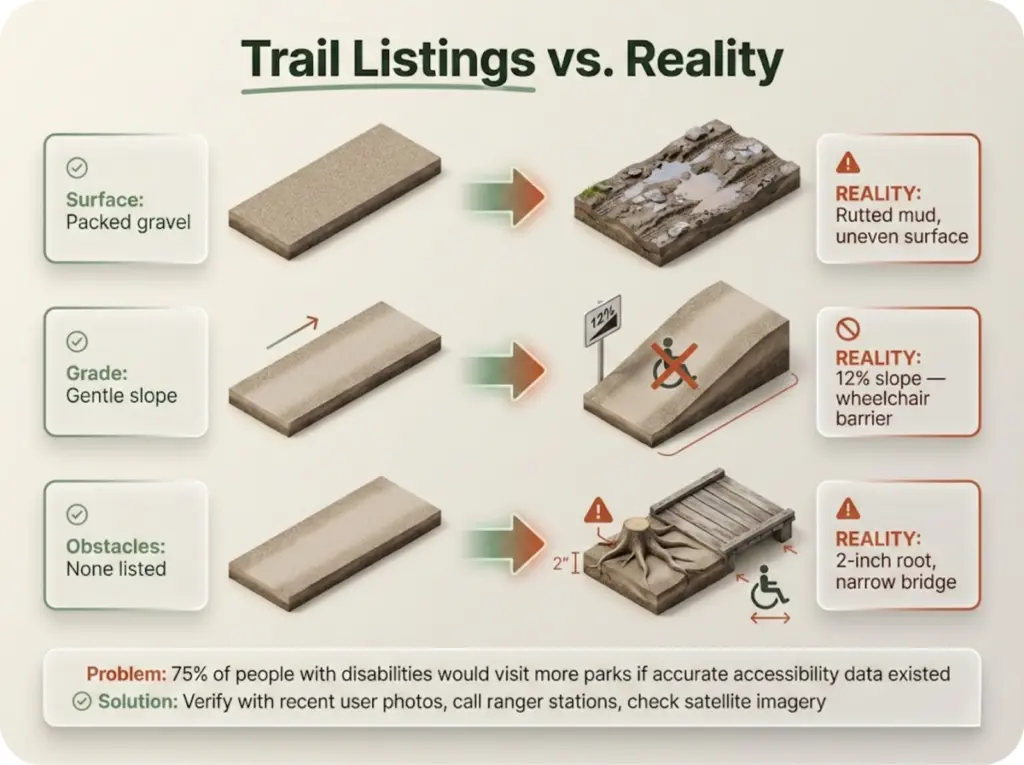 Side-by-side comparison showing three examples of trail listing claims versus actual trail conditions with photos revealing accessibility barriers.