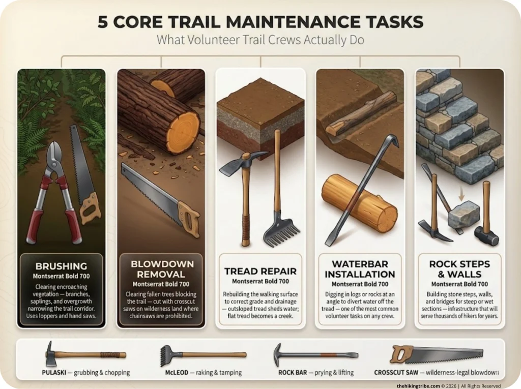 Infographic showing 5 trail maintenance tasks with labeled tool illustrations, descriptions, and volunteer role indicators