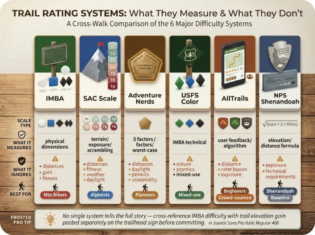Infographic comparing 6 trail rating systems — IMBA, SAC, Adventure Nerds, USFS, AllTrails, NPS — with scale type, what each measures, gaps, and ideal hiker profile