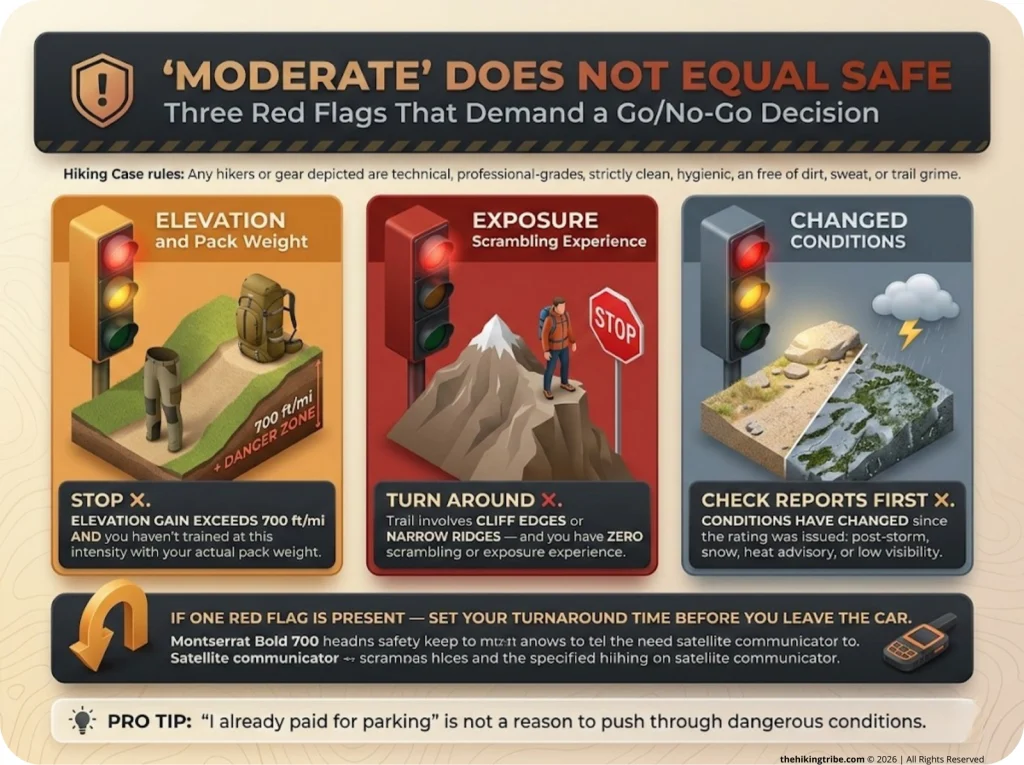 Infographic showing three trail safety red flags with traffic-light severity indicators: elevation gain, exposure experience, and changed conditions warnings