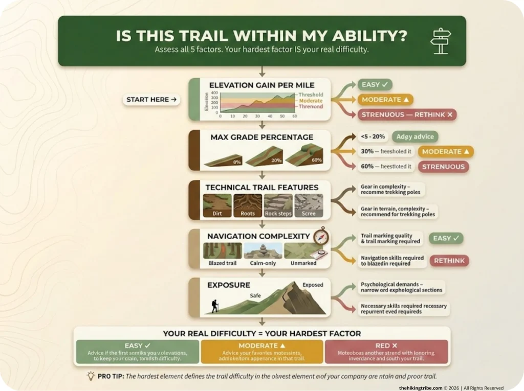 Infographic showing 5-factor trail self-assessment flowchart with threshold numbers for elevation, grade, terrain, navigation, and exposure