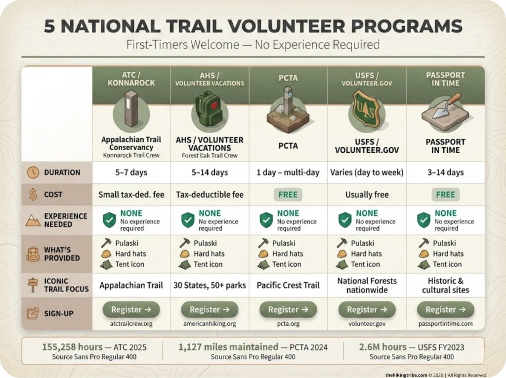 Infographic comparing 5 national trail volunteer programs with duration, cost, experience level, and what's provided in a grid layout