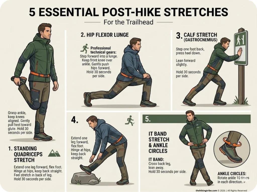Infographic showing 5 post-hike trailhead stretches with illustrated positions, hold times, and target muscle groups labeled