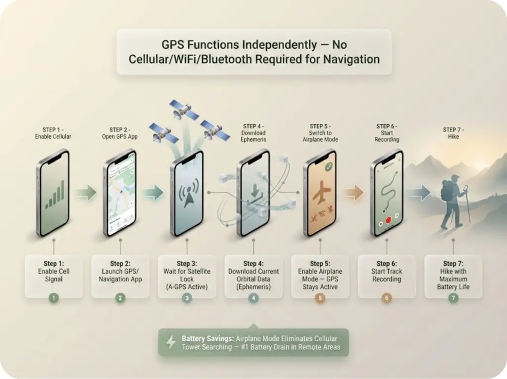 Flowchart showing trailhead GPS setup protocol from enabling cellular through satellite lock to airplane mode activation for battery conservation.