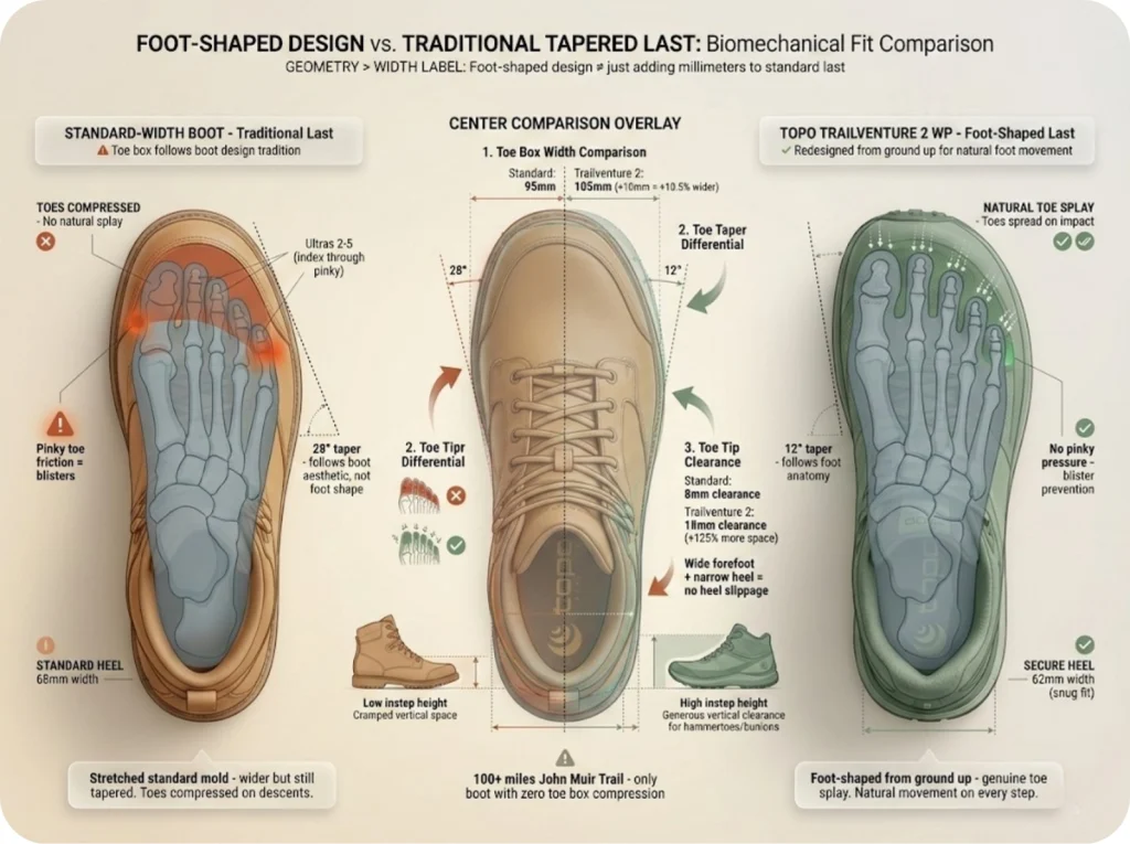 Side-by-side overhead comparison of Topo Athletic Trailventure 2 foot-shaped toe box versus standard-width hiking boot showing forefoot geometry differences.