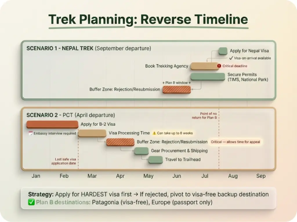 Reverse-timeline Gantt chart showing visa application, agency booking, and permit deadlines for September Nepal trek and April PCT start with buffer zones for rejections.