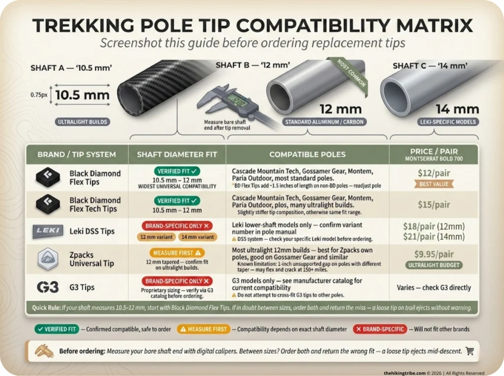 Infographic showing trekking pole brand compatibility matrix with shaft diameter, replacement tip options, and color-coded fit guide