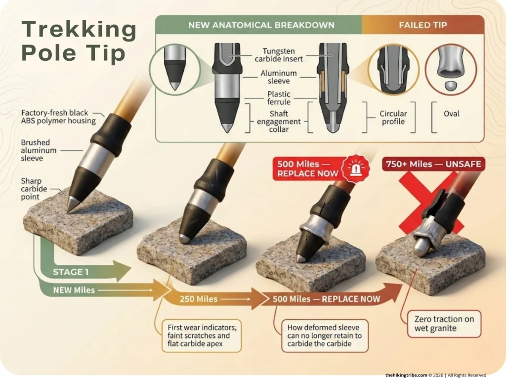 Infographic showing trekking pole tip wear at 0, 250, 500, 750+ miles with labeled anatomy of healthy vs. failed tip