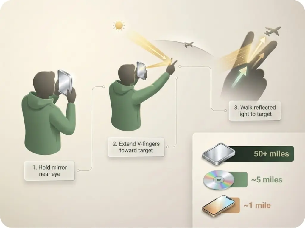 Step-by-step diagram showing the V-finger aiming technique for signal mirrors with range comparison by surface type.