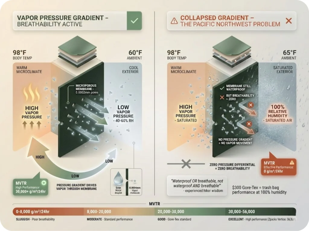 Two-panel diagram showing waterproof membrane breathability through vapor pressure gradient in normal conditions versus collapsed gradient in 100% humidity.