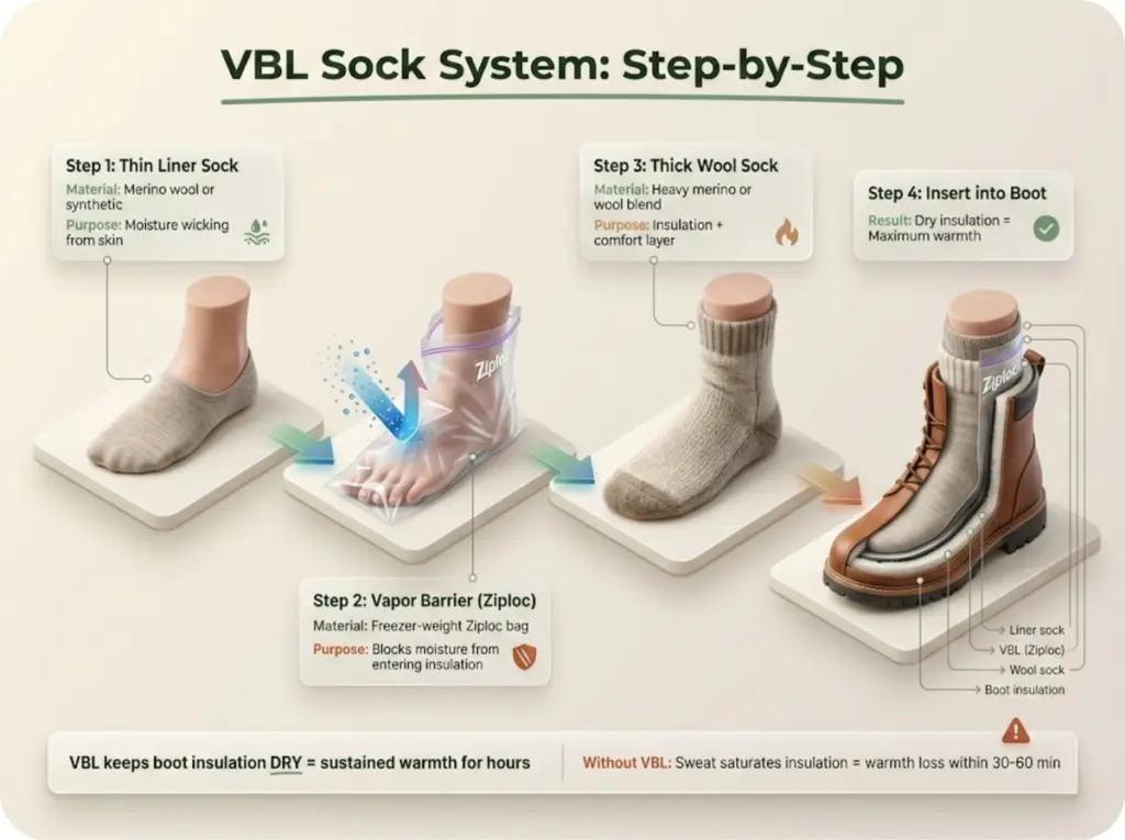 Four-step visual sequence showing vapor barrier liner sock system implementation from liner sock to final boot insertion.