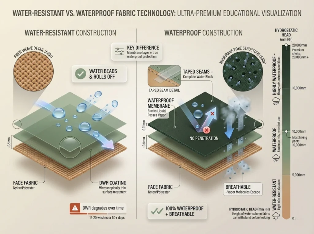 Cross-section diagram comparing water-resistant and waterproof fabric construction showing DWR coating, membrane layers, and hydrostatic head rating scale.
