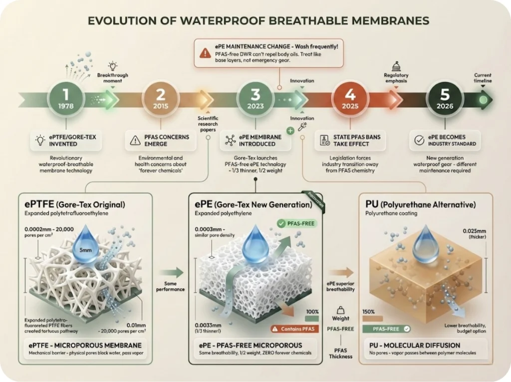 Timeline showing evolution of waterproof membranes from 1978 Gore-Tex ePTFE to 2026 ePE standard with cross-section comparisons of membrane technologies.