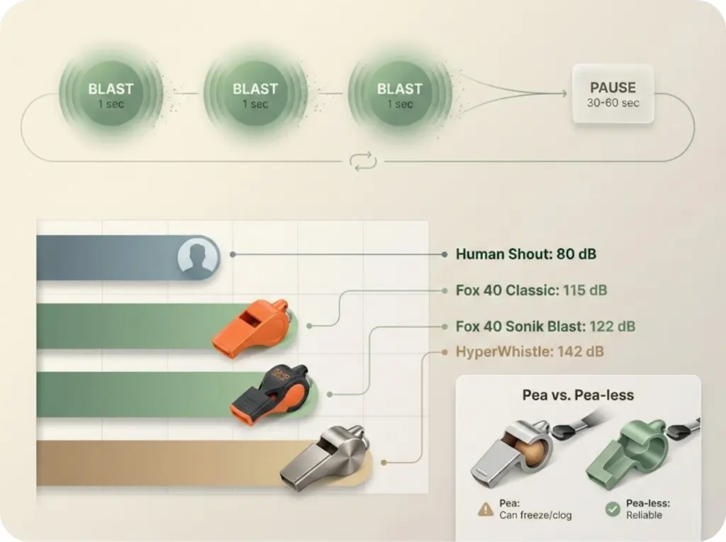 Emergency whistle blast pattern timeline with decibel comparison chart showing sound output differences between human shout and various survival whistles.