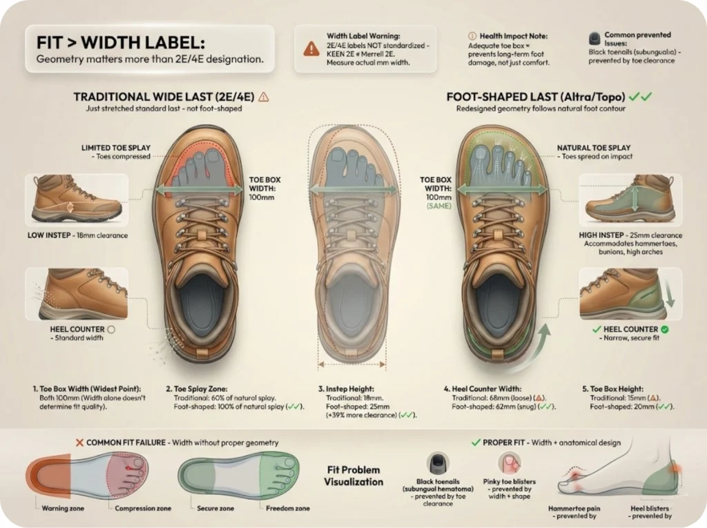 Annotated top-down diagram of wide toe box hiking boot showing measurement points, toe splay zone, heel fit, and comparison of wide last versus foot-shaped last geometry.
