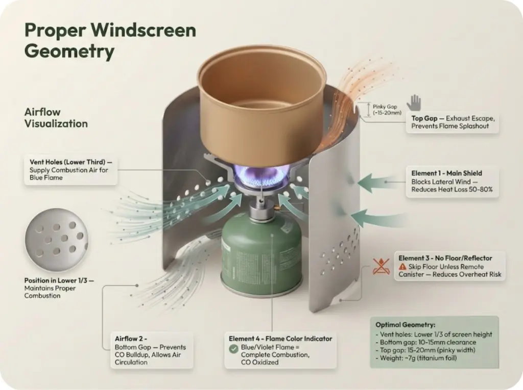 Annotated diagram showing proper windscreen geometry including vent hole placement, bottom gap, pinky gap at top, and airflow patterns for safe stove operation.