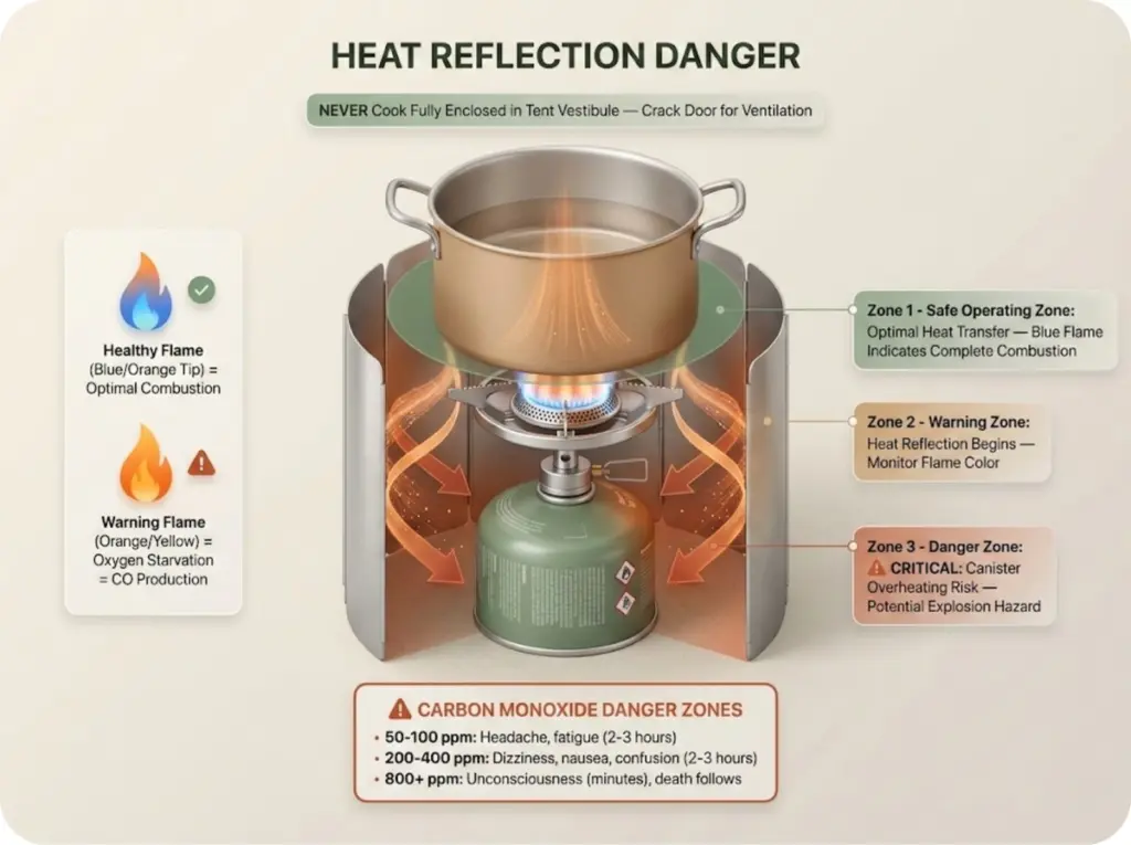 Cross-section diagram showing heat flow from stove flame being reflected back to fuel canister by windscreen with temperature danger zones marked.