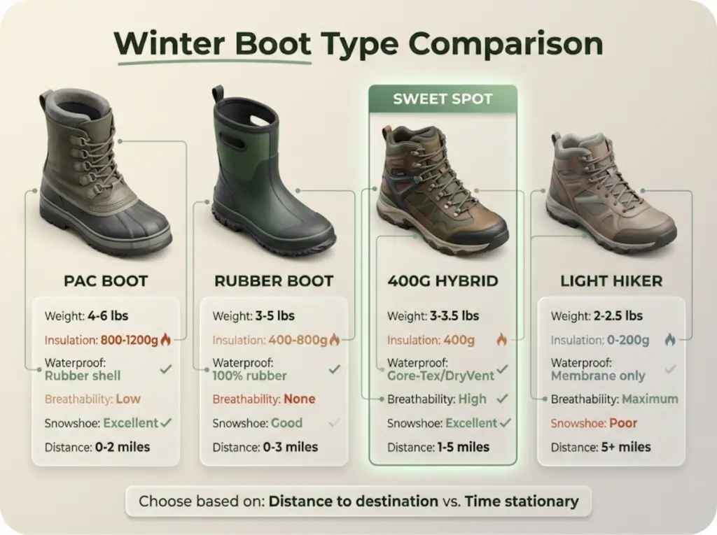 Four-boot comparison showing pac boot, rubber boot, 400g hybrid, and light hiker with key specifications including weight, insulation, waterproofing, and distance ratings.