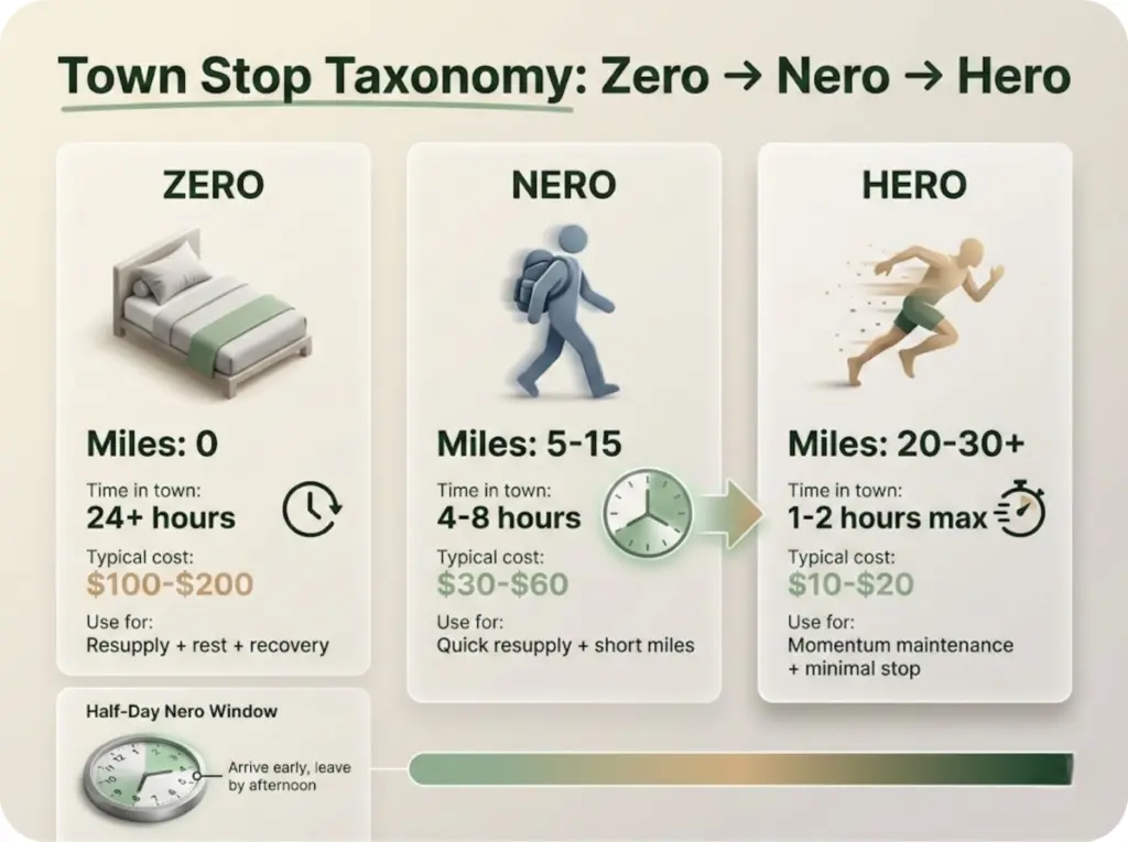 Thru-hiking town stop taxonomy showing the zero, nero, and hero spectrum with mileage ranges, costs, and time commitments for each strategy.