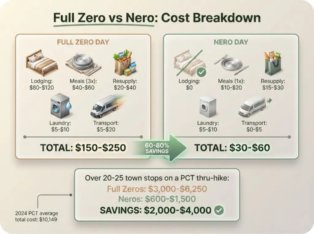 Itemized cost comparison showing full zero day versus nero day expenses with projected savings over a complete PCT thru-hike.