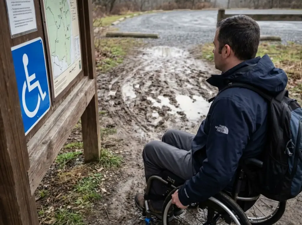 Wheelchair user reading an accessible trail sign with rutted muddy path behind