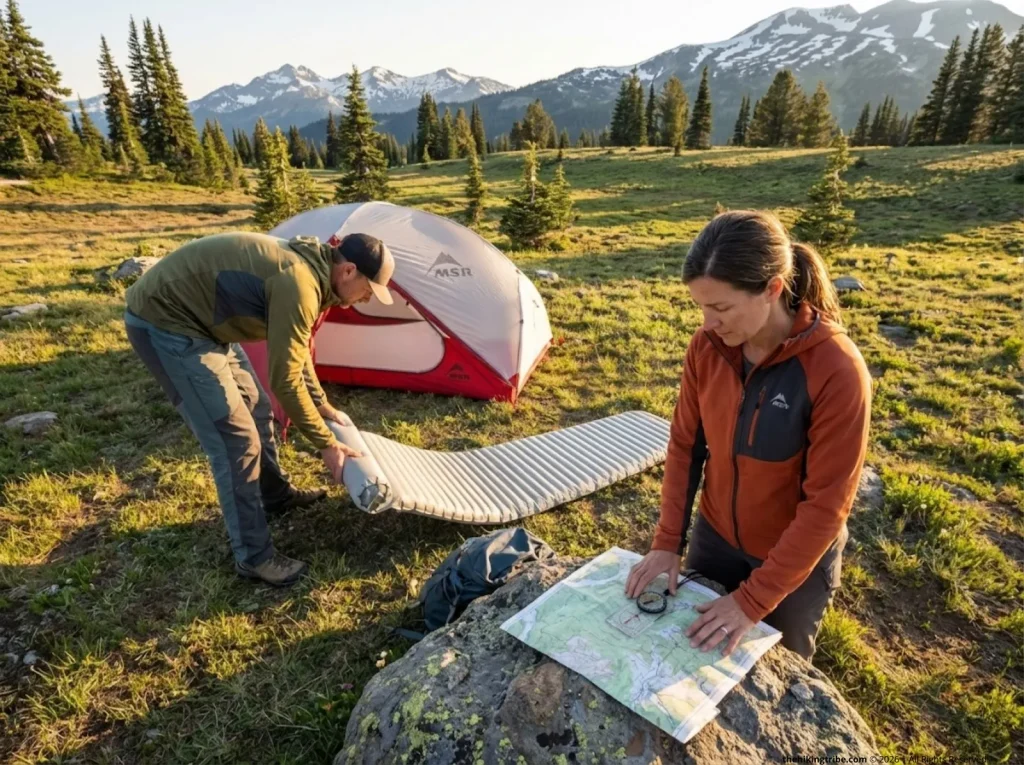 Hikers staging at moderate elevation camp following acclimatization schedule rules
