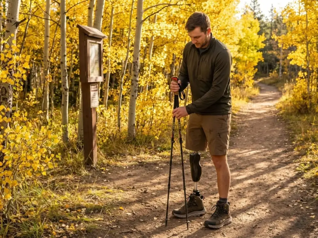 Amputee hiker adjusting trekking poles at a Colorado aspen trailhead