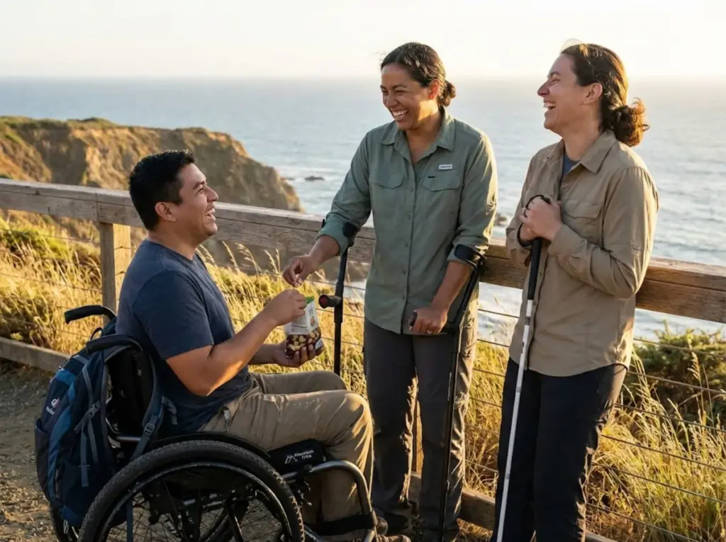 Diverse adaptive hikers laughing together at a scenic coastal overlook