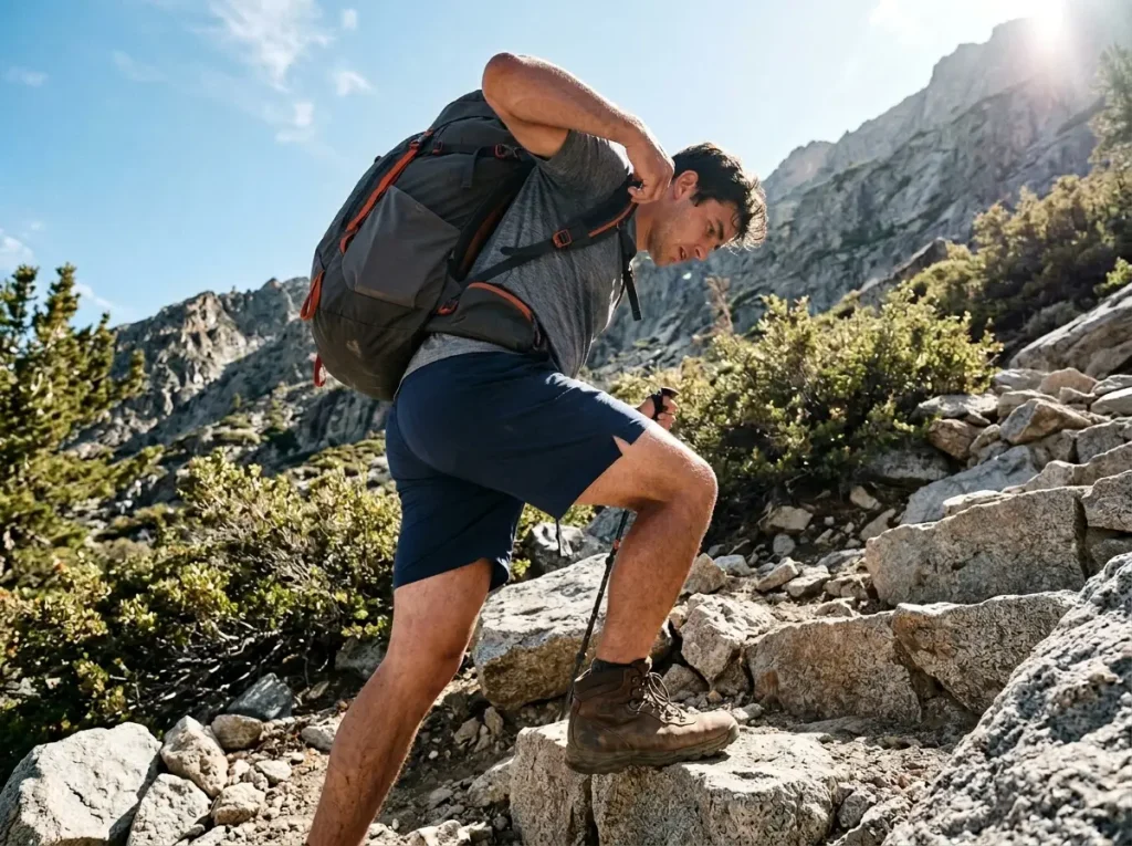 Hiker reaching up to re-tweak the load lifter straps while climbing a steep section of trail