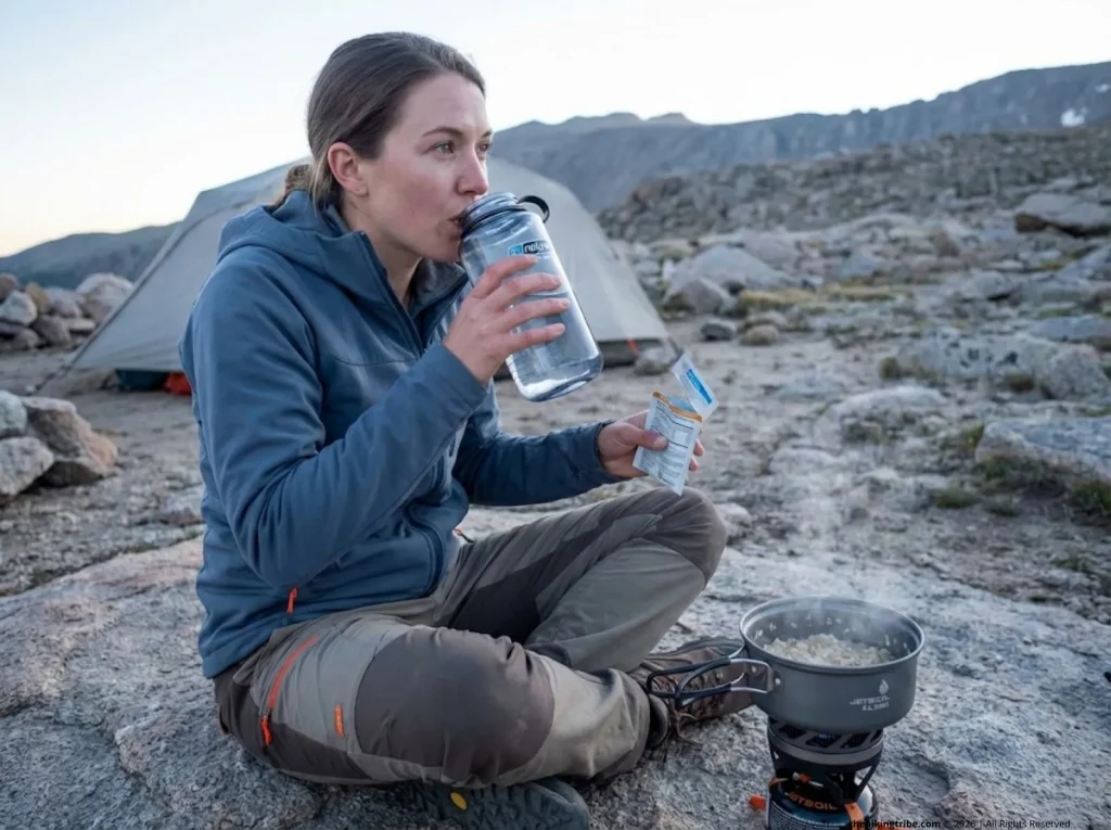 Hiker hydrating and eating high-carb breakfast at altitude camp to prevent AMS symptoms