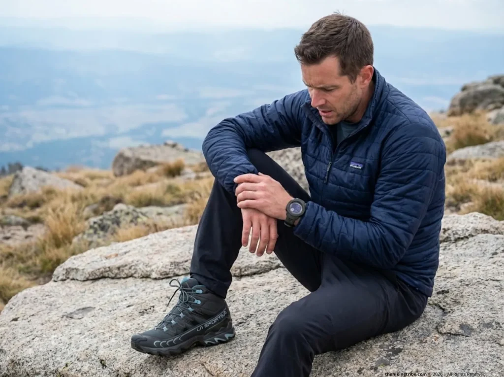 Hiker checking pulse on Garmin watch while resting at high altitude above 11000 feet