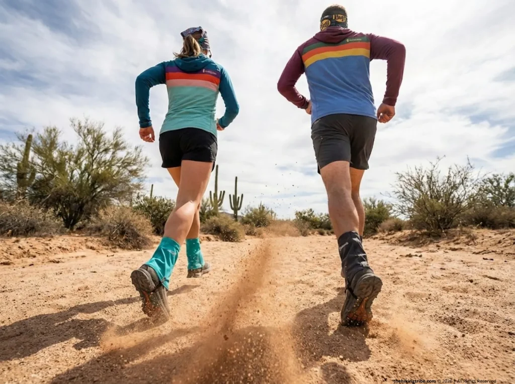 Two trail runners testing ankle gaiters in sandy desert wash — 500 miles of field testing methodology