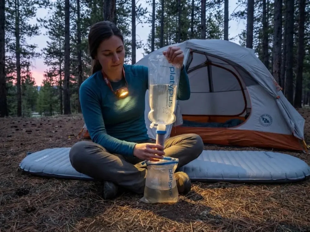 Hiker backflushing Platypus GravityWorks gravity filter at dawn campsite in pine forest