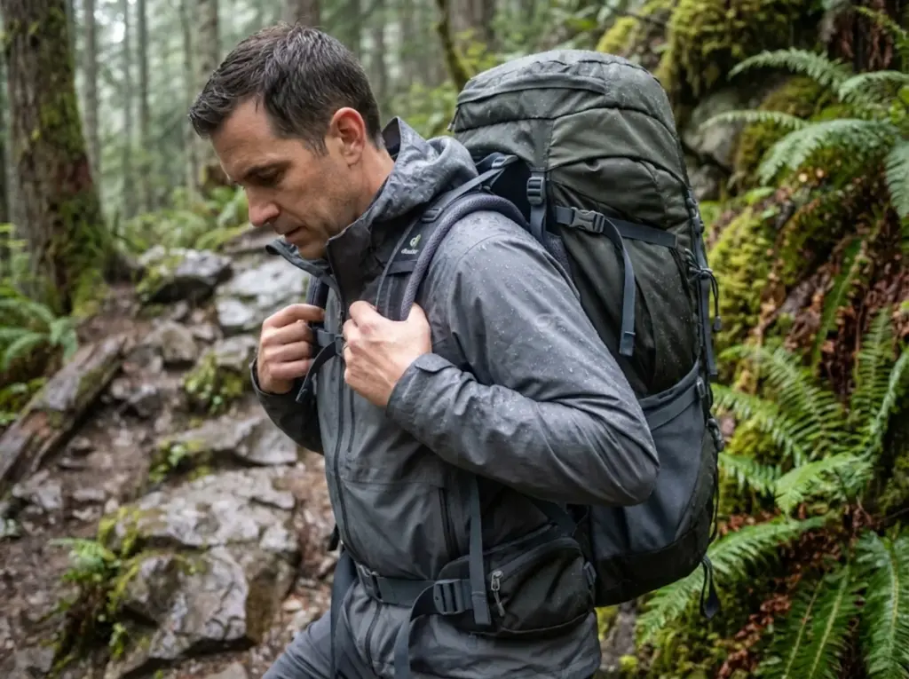 Hiker adjusting loaded backpack straps over rain jacket in wet trail conditions