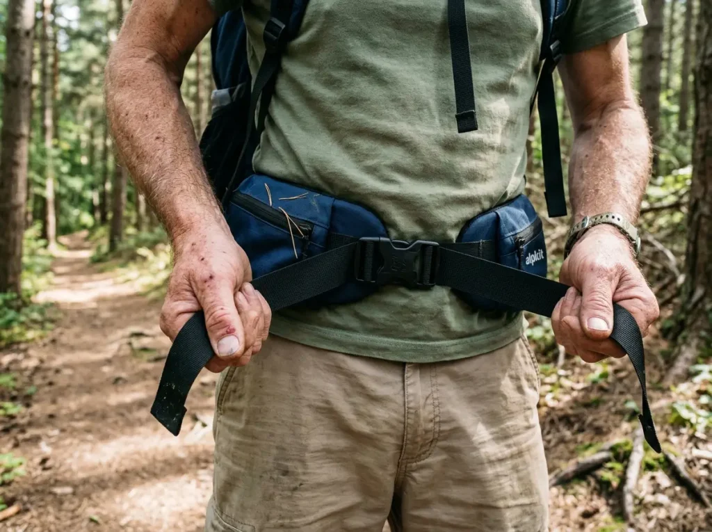 Hiker tightening the hip belt first while adjusting backpack straps in the correct bottom-to-top order