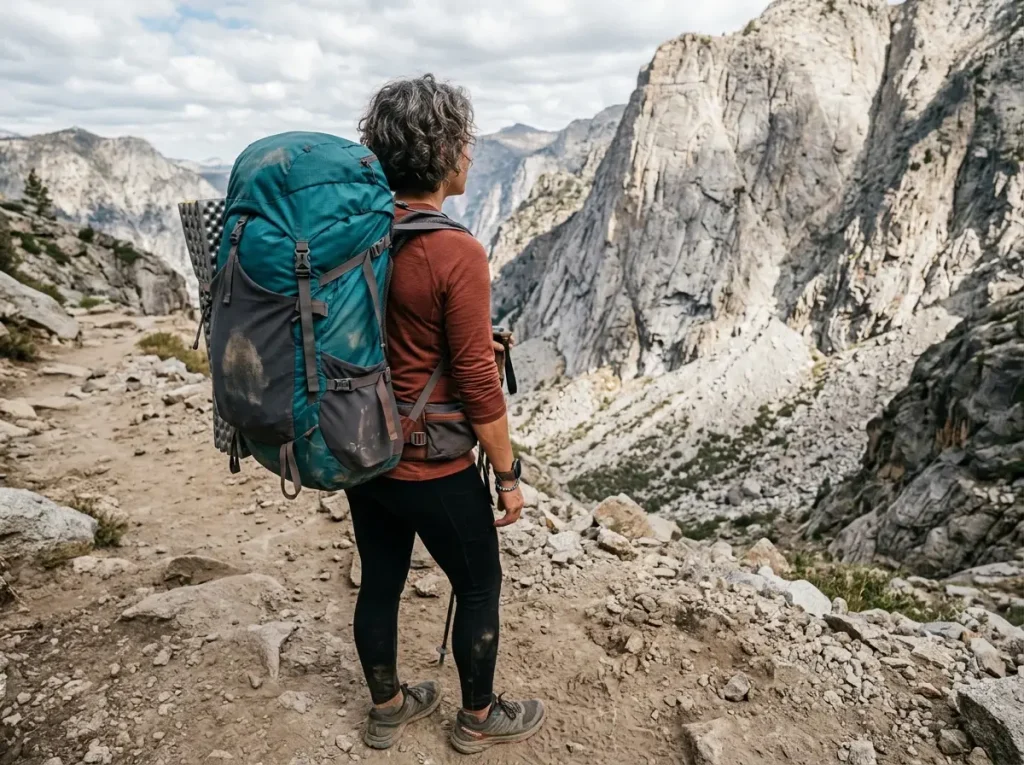 Hiker checking pack torso fit where the load lifter straps will not reach a 45-degree angle