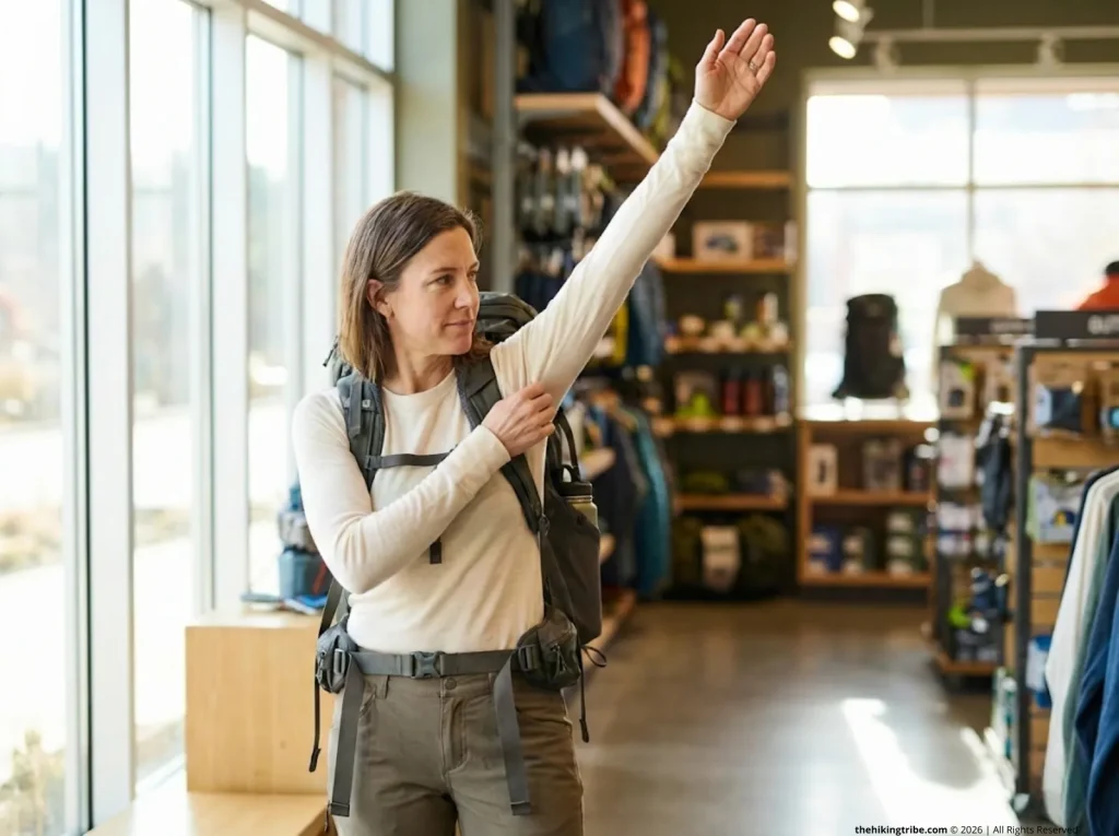Female hiker doing loaded-pack base layer fit test with overhead arm reach in outdoor gear store