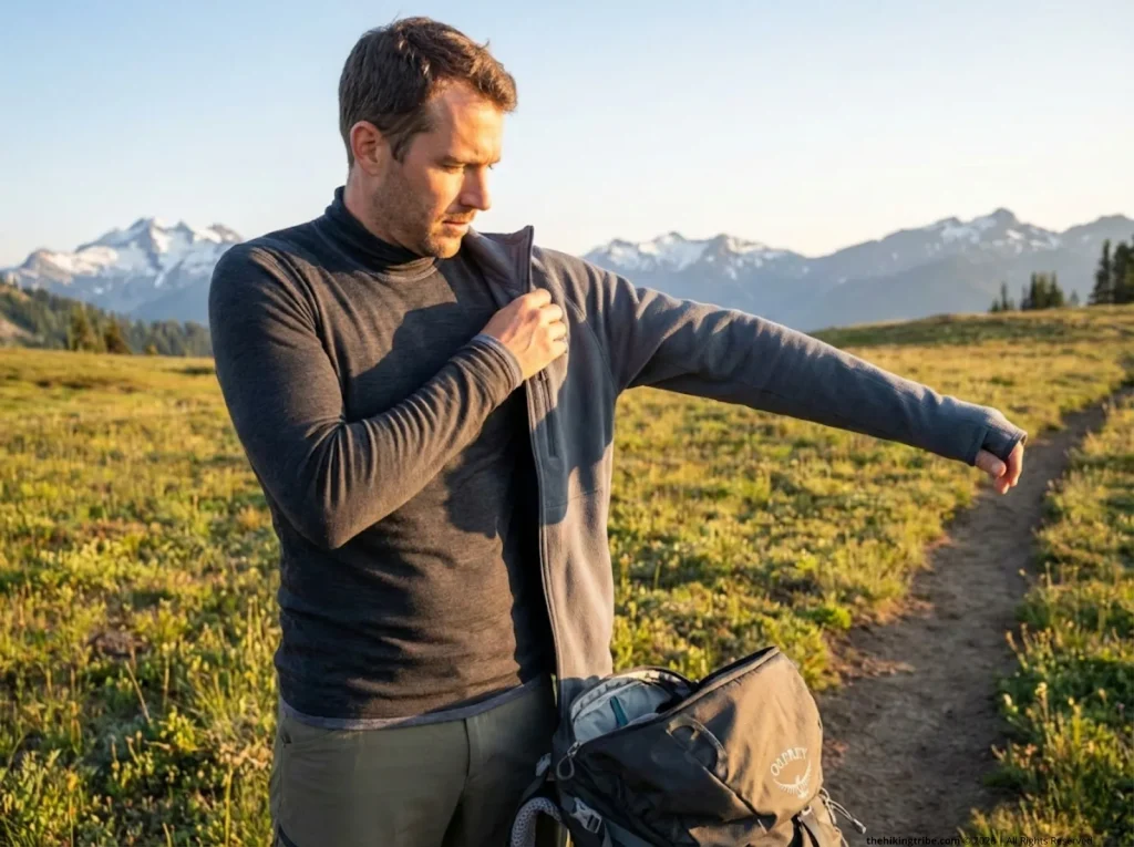 Hiker layering Patagonia fleece over snug Icebreaker base layer in high mountain meadow at treeline