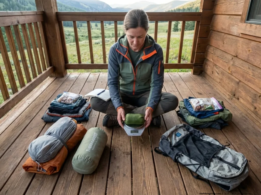 Hiker weighing individual gear items on kitchen scale during base weight calculation on cabin porch 