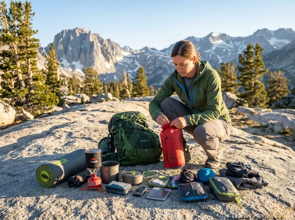 Hiker reviewing backpack gear laid out on granite during a base weight shakedown in the Sierra Nevada