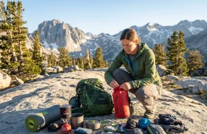 Base Weight vs Pack Weight — Are You Counting Wrong? Hiker reviewing backpack gear laid out on granite during a base weight shakedown in the Sierra Nevada