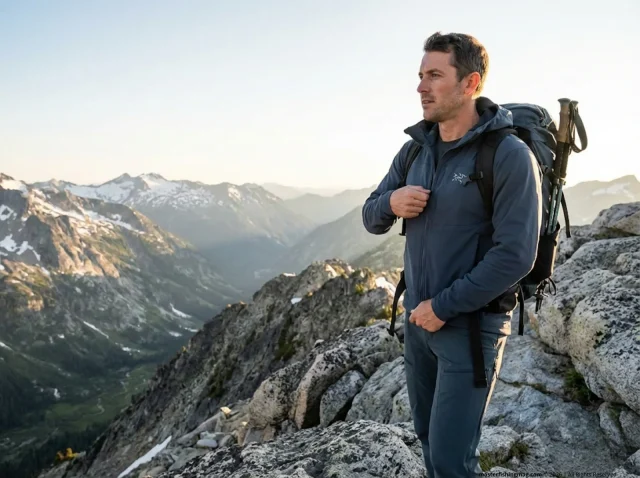 best-breathable-softshell-jackets-hiking-hero Hiker in Arc'teryx softshell jacket standing on alpine ridge — best breathable softshell jackets for hiking tested
